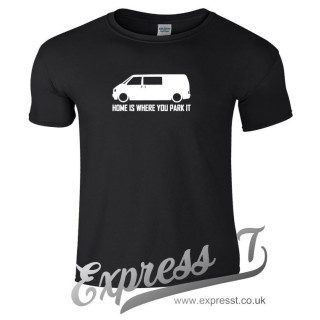VW T4 “Home Is Where You Park It” T-Shirt – Camper Van Adventure Tee for Volkswagen Fans