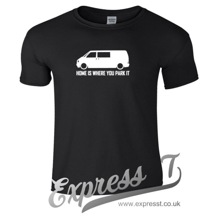 VW T4 “Home Is Where You Park It” T-Shirt – Camper Van Adventure Tee for Volkswagen Fans