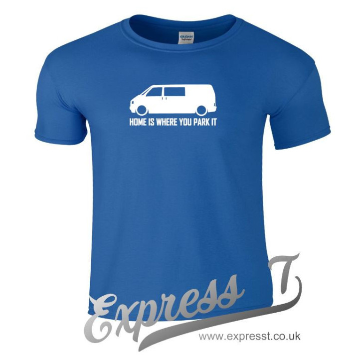 VW T4 “Home Is Where You Park It” T-Shirt – Camper Van Adventure Tee for Volkswagen Fans