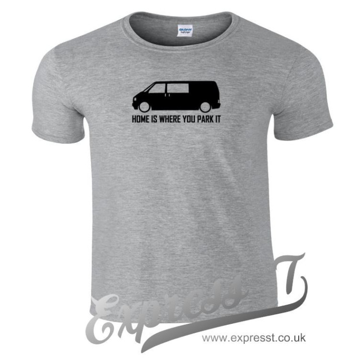 VW T4 “Home Is Where You Park It” T-Shirt – Camper Van Adventure Tee for Volkswagen Fans