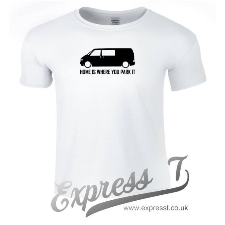 VW T4 “Home Is Where You Park It” T-Shirt – Camper Van Adventure Tee for Volkswagen Fans